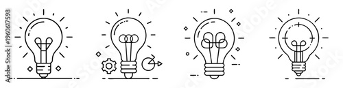 Four unique lightbulb designs representing innovation, ideas, and creative solutions concepts