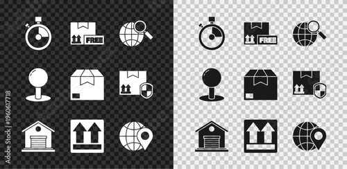 Set Fast time delivery, Cardboard box with free symbol, Magnifying glass globe, Warehouse, This side up, Location on the, Push pin and Carton cardboard icon. Vector