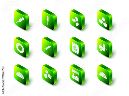 Set Corn dog, Chicken nuggets, Apple, Fast street food cart, Taco with tortilla, Hard bread chucks crackers, Street stall awning and Cracker biscuit icon. Vector