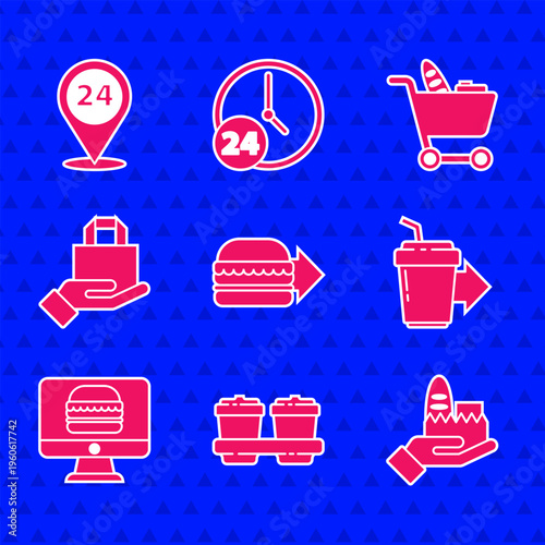 Set Online ordering burger delivery, Coffee cup to go, and, Shopping cart food and Round the clock icon. Vector