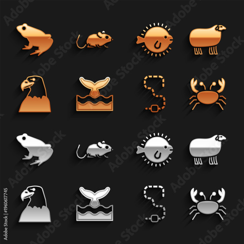 Set Whale tail in ocean wave, Sheep, Crab, Worm, Eagle head, Puffer fish, Frog and Rat icon. Vector