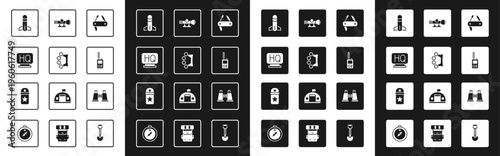 Set Swiss army knife, Brass knuckles, Military headquarters, Rocket, Walkie talkie, Sniper optical sight, Binoculars and Chevron icon. Vector