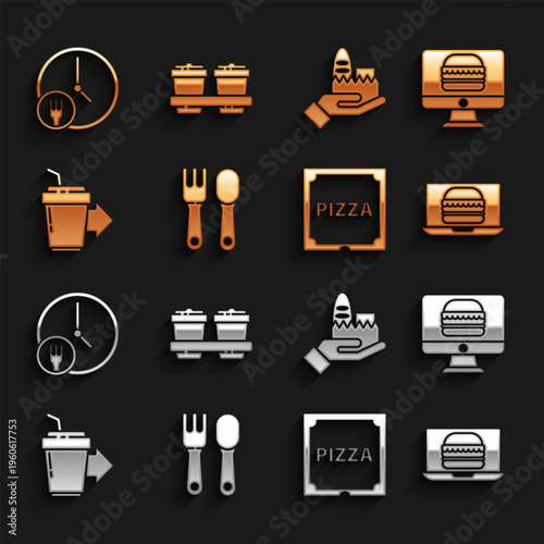 Set Fork and spoon, Online ordering delivery, burger, Pizza cardboard box, Coffee cup to go, Round the clock and icon. Vector
