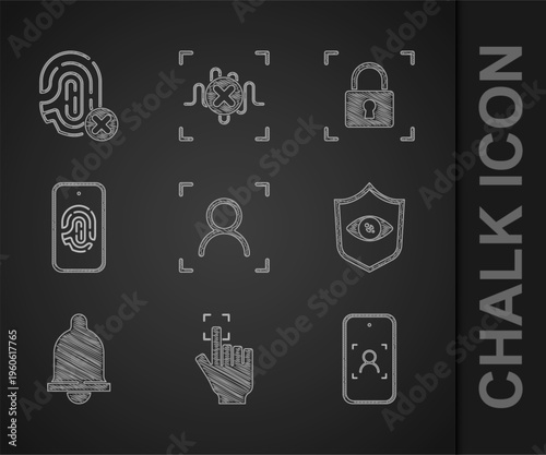 Set Face recognition, Fingerprint, Mobile and face, Shield eye scan, Motion sensor, with fingerprint, lock and Rejection icon. Vector