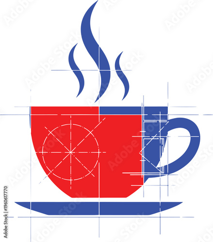 Red and blue cup with steam and saucer in coffee