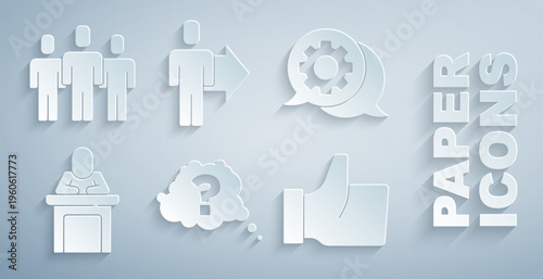 Set Question mark, Speech bubble chat, Speaker, Hand like, Team leader and Users group icon. Vector