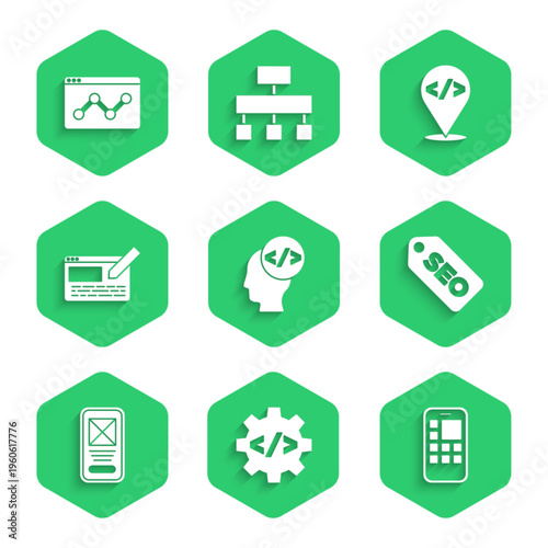 Set Front end development, Mobile Apps, SEO optimization, UI or UX design, and Website statistic icon. Vector