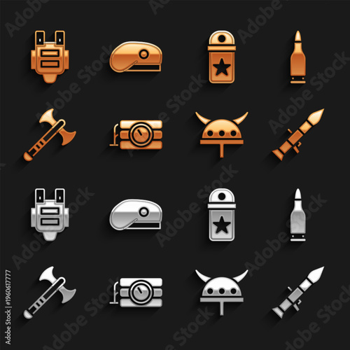 Set Dynamite and timer clock, Bullet, Rocket launcher, Viking in horned helmet, War axe, Chevron, Bulletproof vest and Military beret icon. Vector