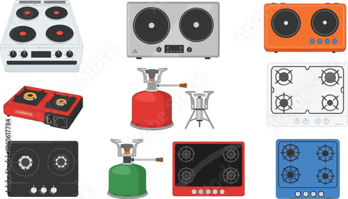 Kitchen stove and gas burner collection including electric cooktops and portable camping stoves in detailed vector illustration isolated on white background for cooking design
