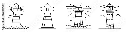 Collection of four minimalist lighthouse illustrations with waves, clouds, and birds