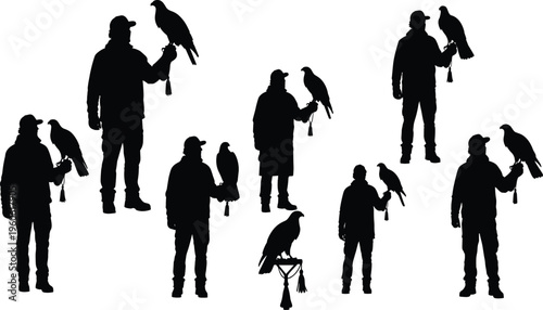 Large collection of falconer silhouettes featuring men holding birds of prey like hawks and eagles on their arms isolated on white background for design.