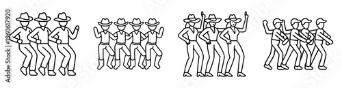 Dynamic line art illustration of four groups of stylized people dancing