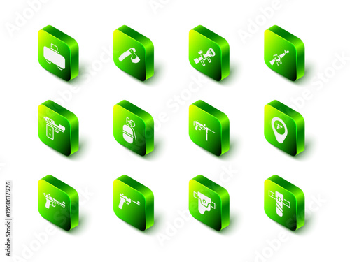 Set Wooden axe, Sniper optical sight, M16A1 rifle, Location with weapon, Knife holster, Submachine gun M3, Gun and Mauser icon. Vector