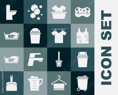 Set Trash can, Dirty t-shirt, Basin with, Temperature wash, Toilet bowl and Drying clothes icon. Vector