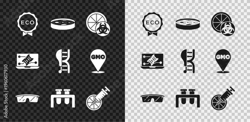 Set Label for eco healthy food, Petri dish with bacteria, Genetically modified orange, Laboratory glasses, Test tube and flask, engineering modification and chicken icon. Vector