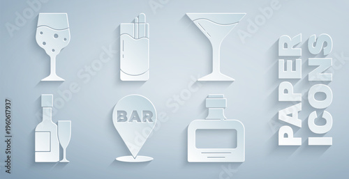 Set Alcohol bar location, Martini glass, Champagne bottle and, Whiskey, Cocktail Bloody Mary and Glass of champagne icon. Vector