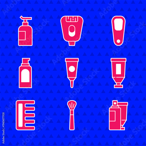 Set Cream or lotion cosmetic tube, Makeup brush, Hairbrush, Spray can for hairspray, Pumice feet and icon. Vector
