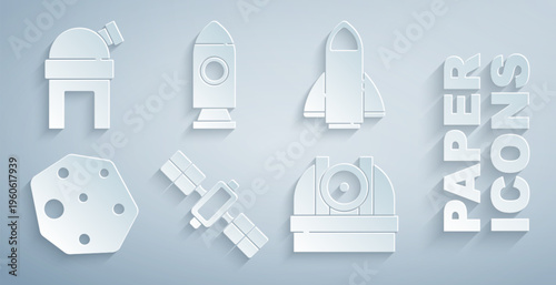 Set Satellite, Rocket ship, Asteroid, Astronomical observatory, and icon. Vector