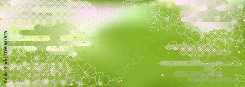 抹茶と桜のようなグラデーションと伝統的な模様を合わせた和風背景イラスト