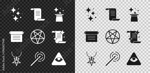 Set Sparkle stars with magic, Ancient book, Magic hat, Pentagram on necklace, wand, Masons, and in circle icon. Vector