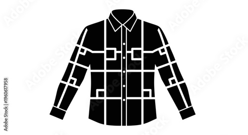 Stylized black shirt with white geometric pattern and button-up front