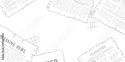 Torn newspaper pages with breaking news and classified ads in grayscale