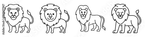 Outline drawing of four cartoon lions with thick manes standing still