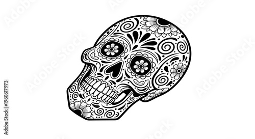 Intricately decorated sugar skull with floral patterns in black and white