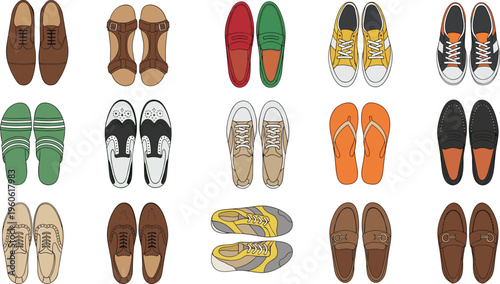 Large collection of various men and women footwear shoes vector icons set including sneakers sandals loafers boots and flip flops on white background