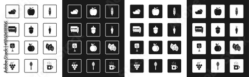 Set Corn, Acorn, Speech bubble with text autumn, Sun and cloud weather, Carrot, Apple, Leaf leaves and Tree icon. Vector