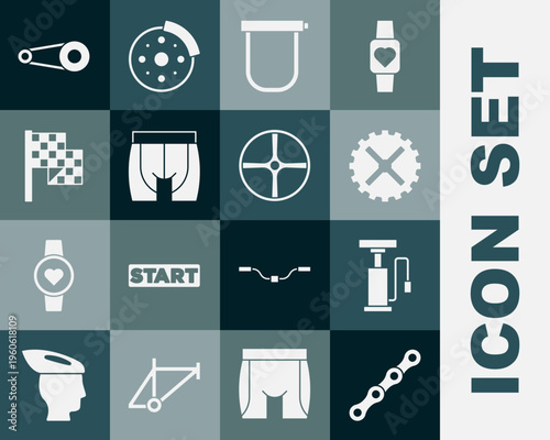 Set Bicycle chain, air pump, sprocket crank, lock, Cycling shorts, Checkered flag, with gear and wheel icon. Vector