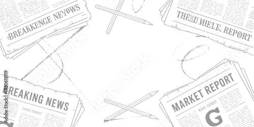 Stacked newspapers with headlines breaking news and market report and crossed pencils on white background