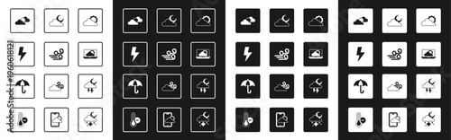 Set Sun and cloud weather, Windy, Lightning bolt, Weather forecast, Cloud with moon, Storm and Umbrella icon. Vector