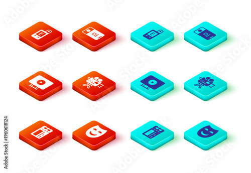 Set Cinema ticket, Comedy theatrical mask, Online play video, Retro cinema camera, Photo and shooting and Light meter icon. Vector