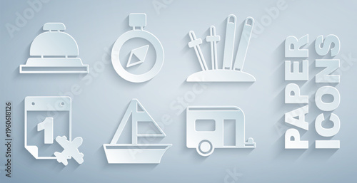 Set Yacht sailboat, Ski and sticks, Calendar airplane, Rv Camping trailer, Compass and Hotel service bell icon. Vector