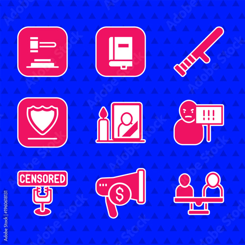Set Mourning photo frame, Megaphone and dollar, Gender equality, Protest, Censored stamp, Shield, Police rubber baton and Judge gavel icon. Vector