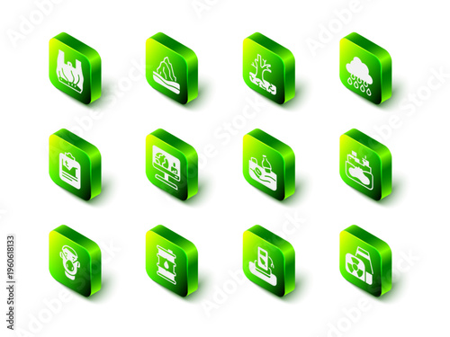 Set Iceberg, Withered tree, Cloud with rain, Wrecked oil tanker ship, Nuclear power plant, Problem pollution of ocean, Petrol or gas station and Barrel icon. Vector