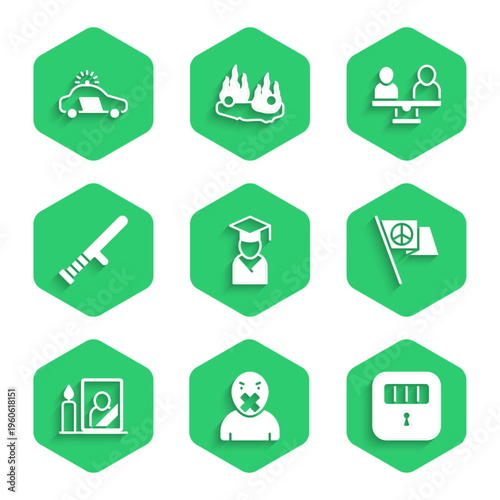 Set Graduate and graduation cap, Censor freedom of speech, Prison cell door, Peace, Mourning photo frame, Police rubber baton, Gender equality and car flasher icon. Vector