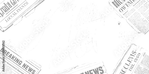 Scattered newspaper fragments with headlines and text in grayscale on a white background breaking