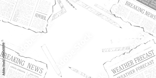 Torn newspaper pages with headlines breaking news and weather forecast scattered with pencils