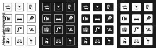 Set Digital door lock, Bedroom, Telephone handset, Covered with tray of food, Tennis racket ball, Stars rating, Trolley suitcase and Hotel building icon. Vector