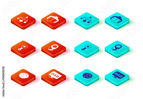 Set Little boy head, Speech bubble dad, Rattle baby toy, Newborn infant swaddled, Baby bottle and crib hanging toys icon. Vector