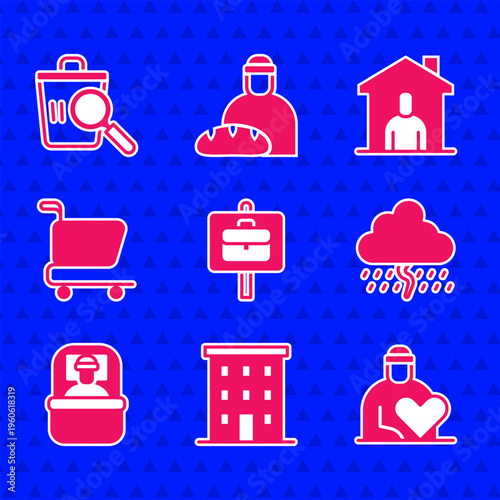 Set Work search, Multi storey building, Volunteer, Cloud with rain, Sleeping bag, Shopping cart, Shelter for homeless and Searching food icon. Vector