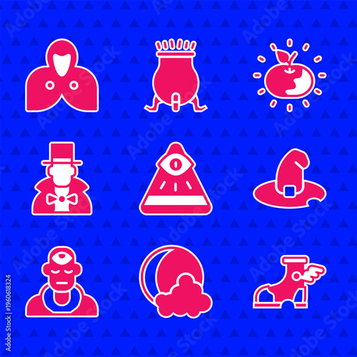 Set Masons, Moon and stars, Hermes sandal, Witch hat, Wizard warlock, Magician, Poison apple and Mantle, cloak, cape icon. Vector