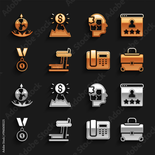 Set Treadmill machine, Customer product rating, Briefcase, Telephone 24 hours support, Medal, Head puzzles strategy, World expansion and Mountains with flag icon. Vector