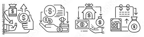 Conceptual illustration of financial transactions, investments, and money exchange in outline style