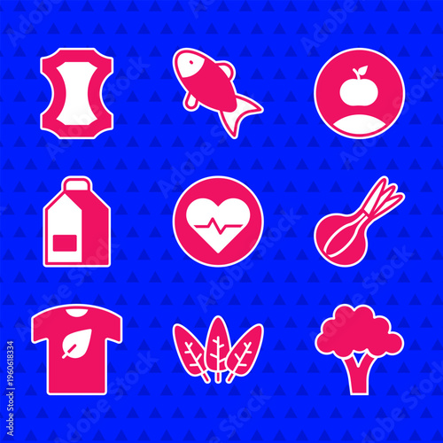 Set Heart rate, Leaf, Broccoli, Onion, Vegan shirt, Paper package for milk, Apple and Leather icon. Vector