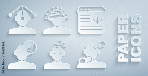 Set Dreams, Online psychological counseling, Yin Yang symbol, Sedative pills, Concussion, headache and Hypnosis icon. Vector