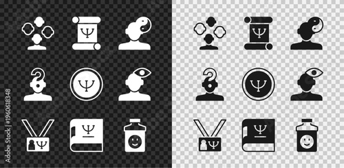 Set Schizophrenia, Psychology book, Yin Yang symbol, Antidepressants, Human with question mark and icon. Vector