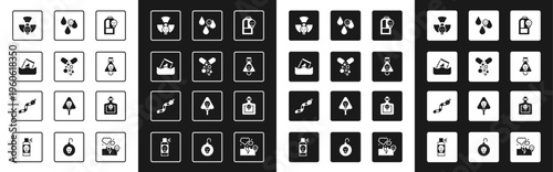 Set Beaker with toxic liquid, Poisoned pill, Radioactive waste in barrel, Bottle potion, Acid rain, and Snake icon. Vector